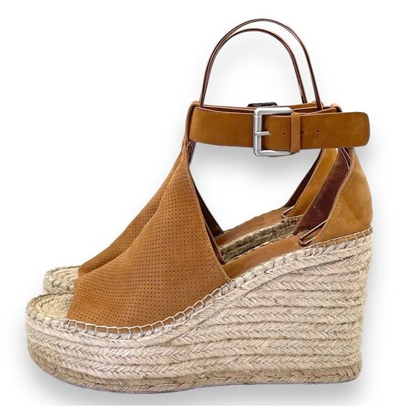 Marc Fisher Annie Perforated Espadrille Platform Wedge Medium Tan Suede Size 11 - Picture 5 of 16